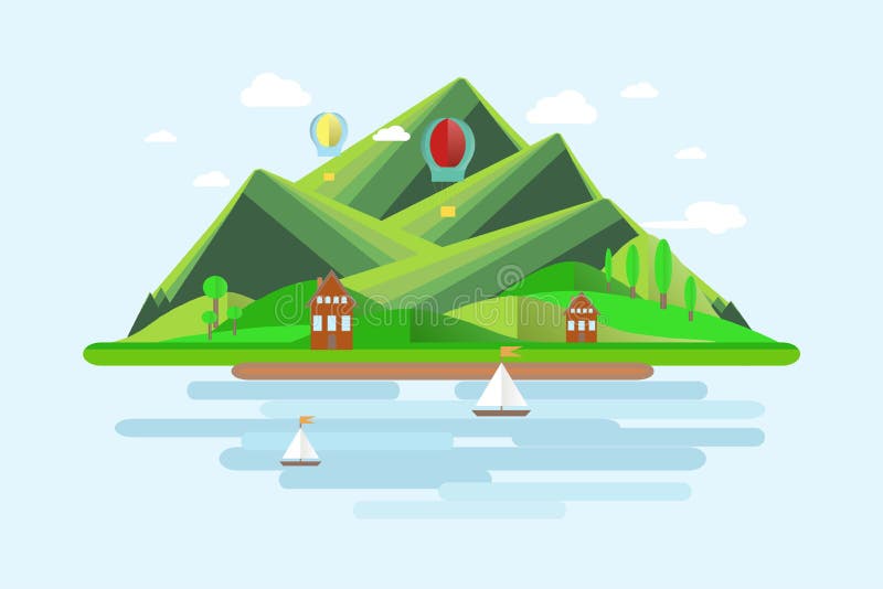 Paisaje de las montañas del verano Colinas verdes, cielo azul, nubes blancas, árboles verdes, refugios de la montaña, veleros, gl ilustración del vector Paisaje de las montañas del verano Colinas verdes, cielo azul, nubes blancas, árboles verdes, refugios de la montaña, veleros, gl ilustración del vector