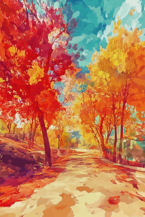 Paisaje de otoño vibrante con árboles coloridos hojas doradas y sendero sereno bajo el cielo azul imagen de archivo libre de regalías