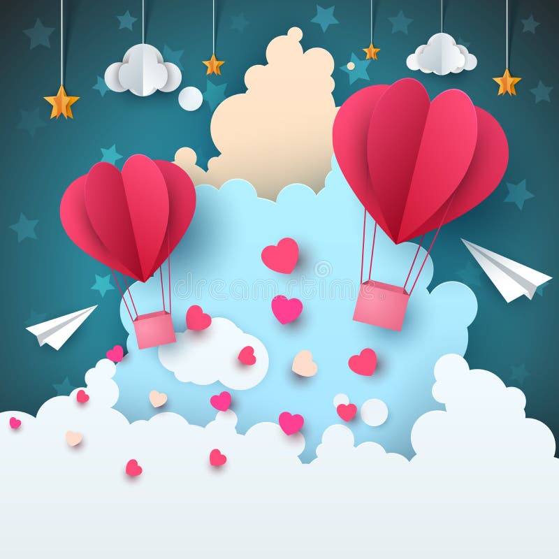 Paisaje de papel del aire de la historieta Nube, aeroplano, corazón, amor, estrella stock de ilustración Paisaje de papel del aire de la historieta Nube, aeroplano, corazón, amor, estrella stock de ilustración