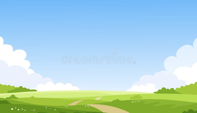 Paisaje de primavera o verano soleado, carretera, prados, cielo con nubes Banner agrícola verde, concepto de cuidado de la natura
