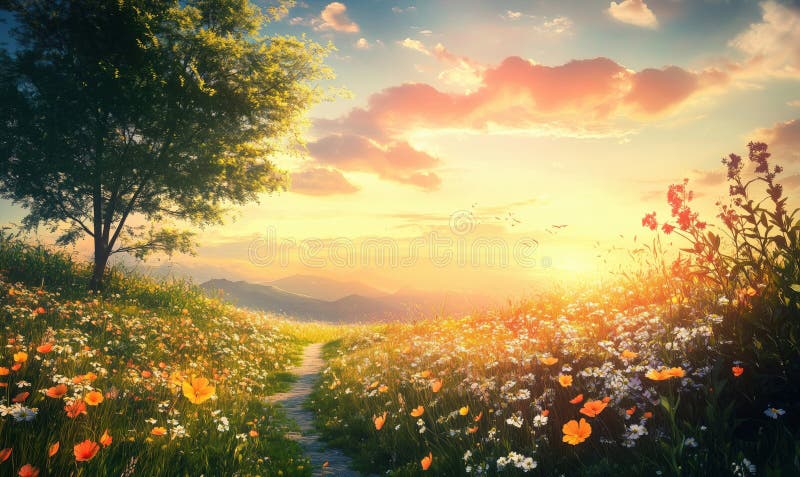 Paisaje de puesta de sol con flores silvestres vibrantes y sendero sereno por la naturaleza imagen de archivo libre de regalías