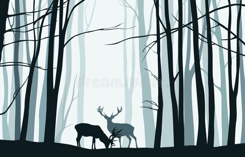 Paisaje del bosque con las siluetas azules de los árboles y de los ciervos - vect ilustración del vector
