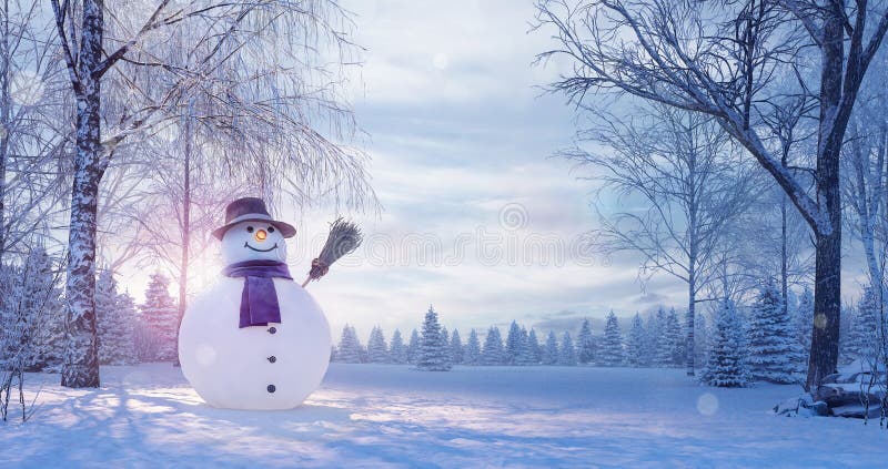 Paisaje del invierno con el muñeco de nieve, fondo de la Navidad foto de archivo