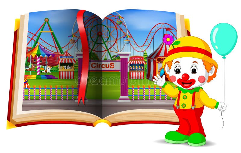Paisaje del parque de atracciones en el libro y el payaso libre illustration Paisaje del parque de atracciones en el libro y el payaso libre illustration
