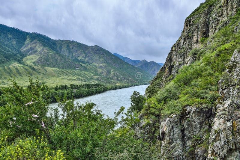 Paisaje del verano en las orillas rocosas del río rápido Kat de la montaña fotografía de archivo Paisaje del verano en las orillas rocosas del río rápido Kat de la montaña fotografía de archivo