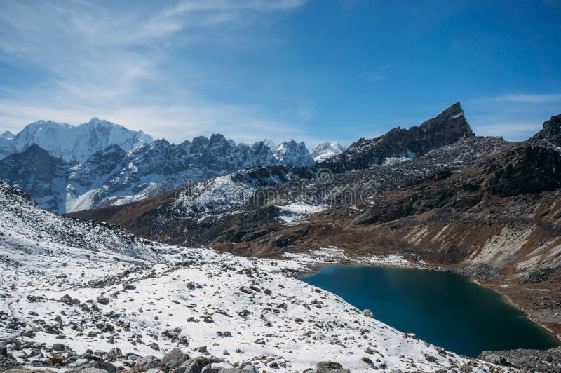 paisaje escénico hermoso con las montañas y el lago nevosos, Nepal, Sagarmatha, foto de archivo paisaje escénico hermoso con las montañas y el lago nevosos, Nepal, Sagarmatha, foto de archivo