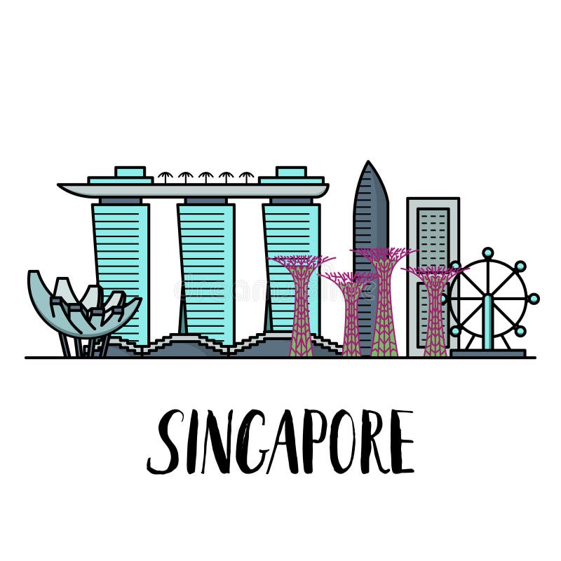 Paisaje famoso de las señales de Singapur con las letras modernas ilustración del vector Paisaje famoso de las señales de Singapur con las letras modernas ilustración del vector