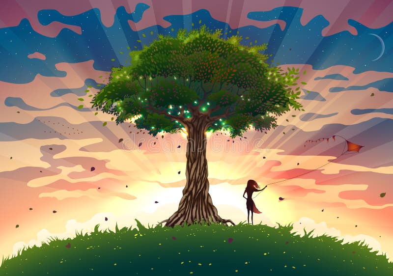 Paisaje Fantástico De Atardecer Con árboles Y Niñas Volando Cometas Verano Crema De Sol Ilustración Con Vigas De Luz Naturaleza he Ilustración del Vector - Ilustración de cubo, muchacha: 180359683 Paisaje Fantástico De Atardecer Con árboles Y Niñas Volando Cometas Verano Crema De Sol Ilustración Con Vigas De Luz Naturaleza he Ilustración del Vector - Ilustración de cubo, muchacha: 180359683