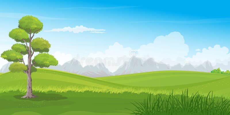 Beautiful green hills vector illustration with big tree and mountains row on the horizon. Summer landscape of countryside rolling hills.Lush Meadow scenery in summer day. Beautiful green hills vector illustration with big tree and mountains row on the horizon. Summer landscape of countryside rolling hills.Lush Meadow scenery in summer day.