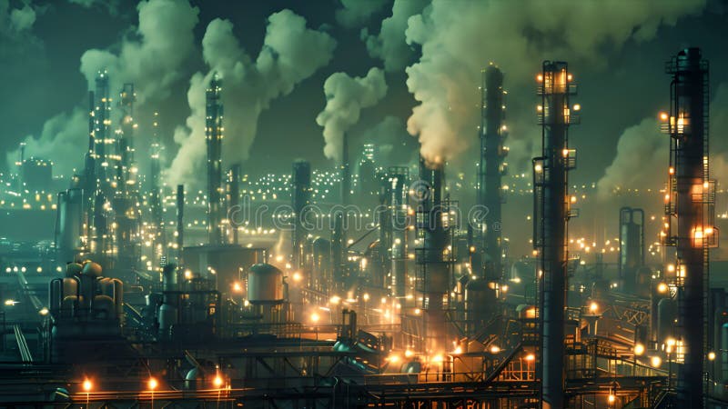 Paisaje industrial nocturno con refinería de petróleo y humo de torre