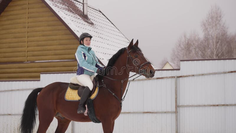 Paisaje invernal con una mujer ecuestre montando a caballo por un entorno nevado al aire libre con ropa cálida mientras almacen de video