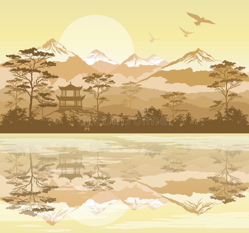 Paisaje japonés con el bosque, el lago y las montañas stock de ilustración Paisaje japonés con el bosque, el lago y las montañas stock de ilustración
