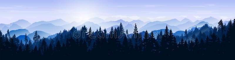 Paisaje montañoso nevado. silueta azul vectorial de colinas y bosques. fondo de vacaciones con navidad de abeto de pino
