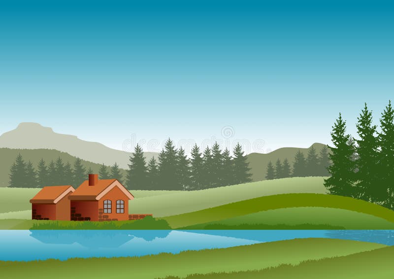 Paisaje natural con el cielo azul, colinas verdes, un lago y una pequeña cabina Ilustración del vector