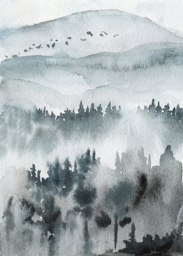 Paisaje neo-noir Valle azul con montañas y bosque en pintura acuarela dibujada a mano