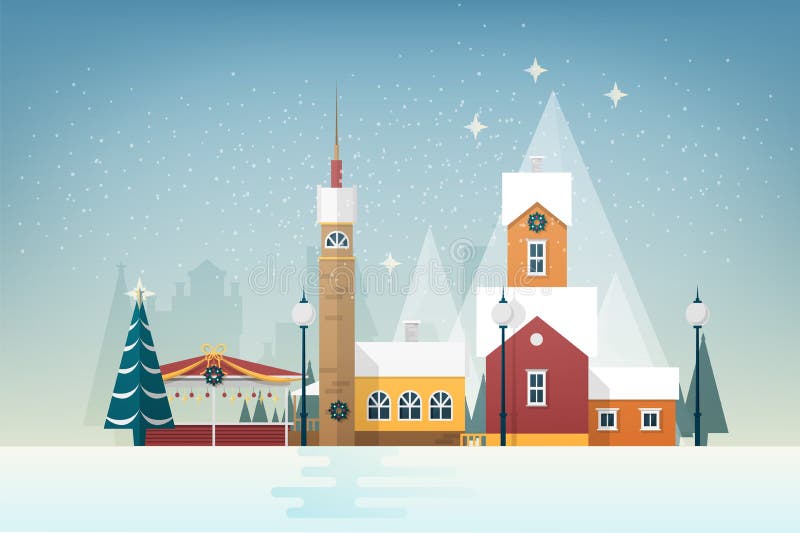 Paisaje Nevado con la pequeña ciudad de la montaña Calle de la ciudad con las torres hermosas y las casas antiguas adornadas por stock de ilustración Paisaje Nevado con la pequeña ciudad de la montaña Calle de la ciudad con las torres hermosas y las casas antiguas adornadas por stock de ilustración