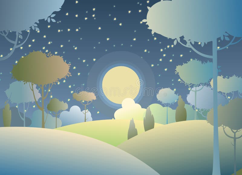 Paisaje Nocturno De Silueta. Luna Grande. Luz De La Luna. Oscuridad. Estilo  De Dibujos Animados. Colinas Con Hierba Y árboles. Osc Ilustración del  Vector - Ilustración de prado, planta: 230043245
