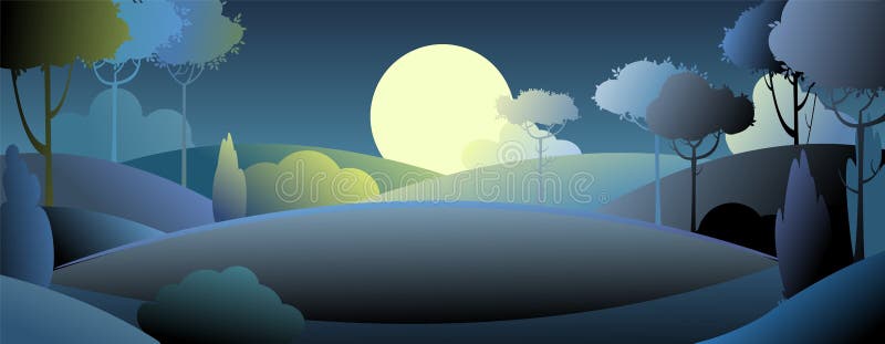 Paisaje Nocturno De Silueta. Luna Grande. Luz De La Luna. Oscuridad. Estilo  De Dibujos Animados. Colinas Con Hierba Y árboles. Som Ilustración del  Vector - Ilustración de historieta, moonlight: 232495801