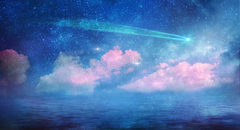 Paisaje Nocturno Mágico Con Cielo Estrellado Sobre El Mar Stock de  ilustración - Ilustración de estrellado, noche: 198024047
