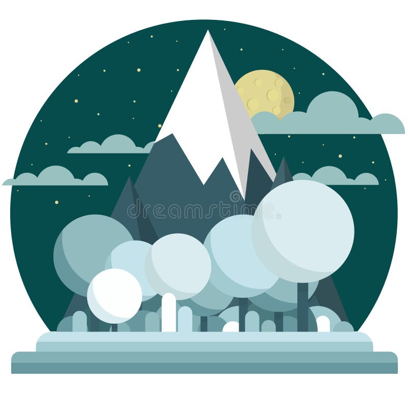 Paisaje plano de la noche del invierno del estilo Montañas, luna y estrellas lindas de la historieta en el cielo Árboles con las libre illustration Paisaje plano de la noche del invierno del estilo Montañas, luna y estrellas lindas de la historieta en el cielo Árboles con las libre illustration