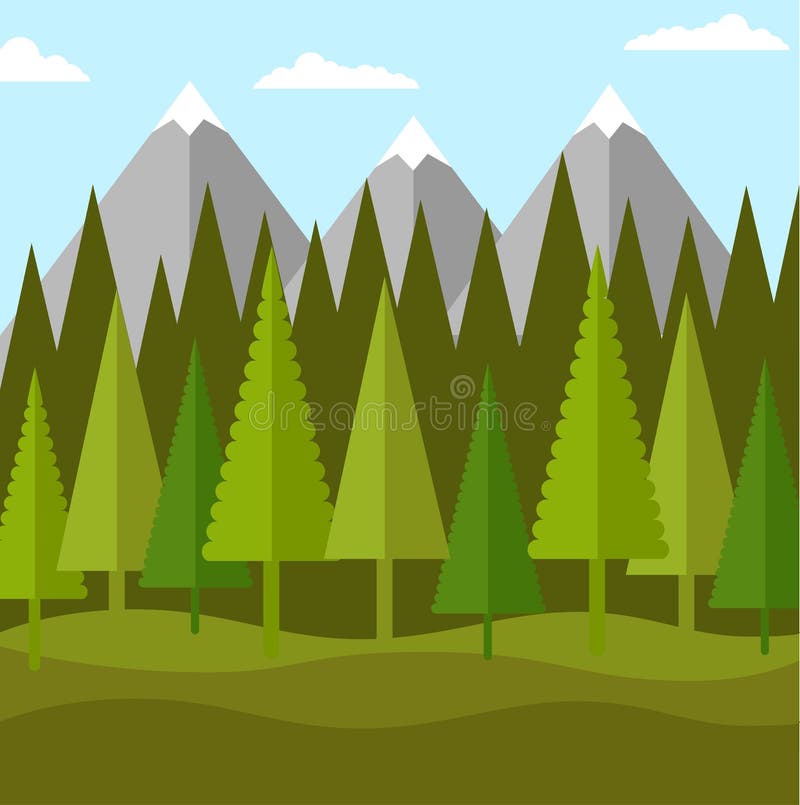 Paisaje Plano Del Bosque De Coníferas Y De Montañas Ilustración del Vector  - Ilustración de tarde, recorrido: 92749605