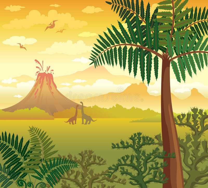 Paisaje prehistórico con los dinosaurios, el volcán y las plantas stock de ilustración Paisaje prehistórico con los dinosaurios, el volcán y las plantas stock de ilustración