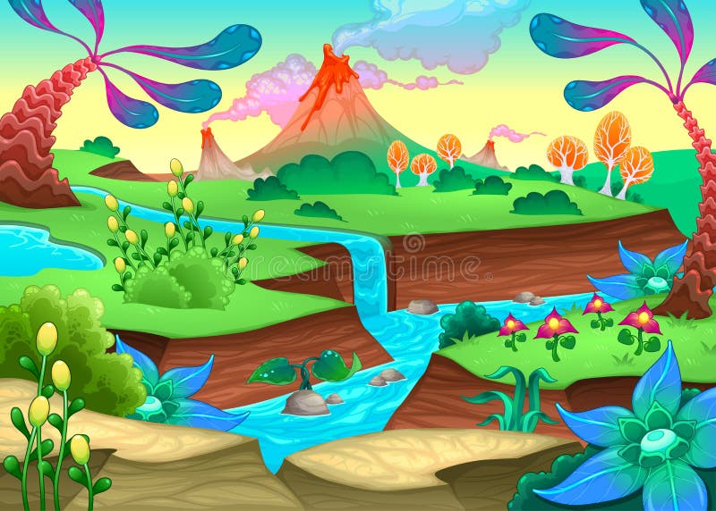Paisaje prehistórico divertido con el río y los volcanes libre illustration Paisaje prehistórico divertido con el río y los volcanes libre illustration