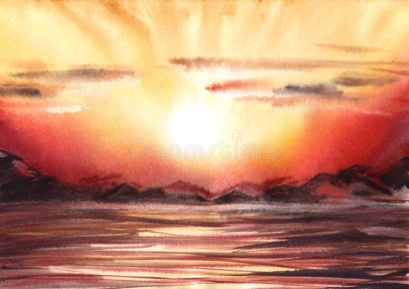Paisaje real de la acuarela con el lago y las montañas en un cielo rojo i libre illustration Paisaje real de la acuarela con el lago y las montañas en un cielo rojo i libre illustration