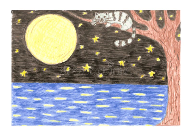 Paisaje romántico de la noche con el gato en rama de libre illustration Paisaje romántico de la noche con el gato en rama de libre illustration