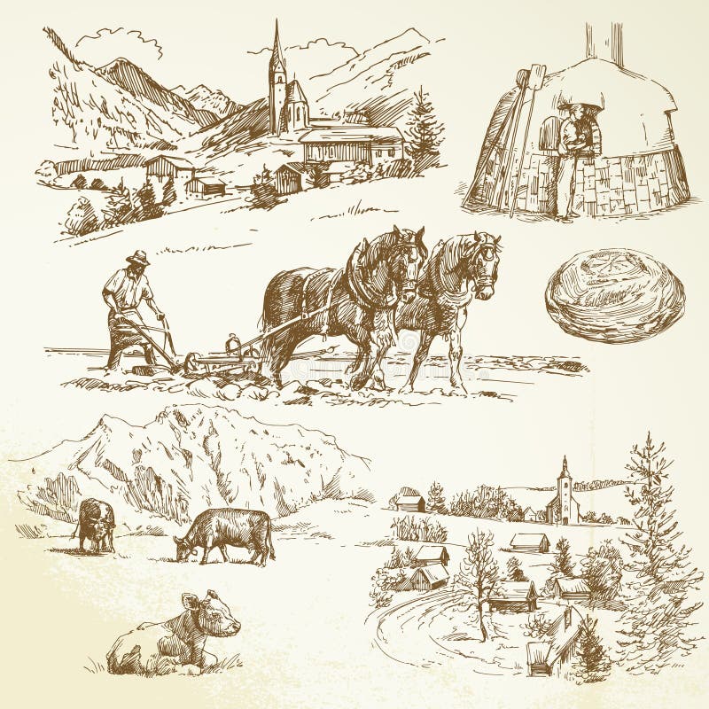 Rural landscape, agriculture - hand drawn collection. Rural landscape, agriculture - hand drawn collection