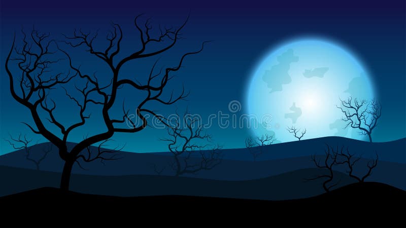 Paisaje seco de la silueta; luna azul en desierto en el crepúsculo; de stock de ilustración Paisaje seco de la silueta; luna azul en desierto en el crepúsculo; de stock de ilustración