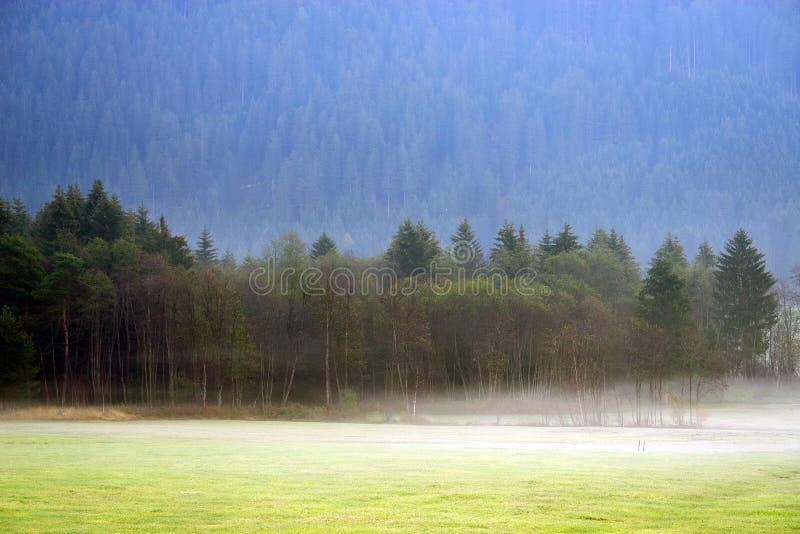 Paisaje soñador perdido en la niebla gruesa, Valle di Casies imagen de archivo libre de regalías Paisaje soñador perdido en la niebla gruesa, Valle di Casies imagen de archivo libre de regalías