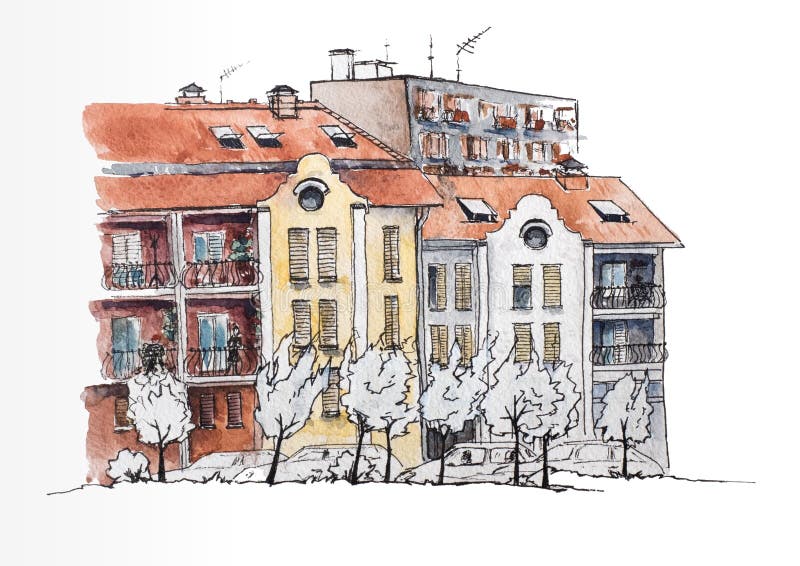 Paisaje urbano europeo Ciudad europea con las casas viejas y modernas Visión urbana Ilustración de la acuarela bosquejo libre illustration Paisaje urbano europeo Ciudad europea con las casas viejas y modernas Visión urbana Ilustración de la acuarela bosquejo libre illustration