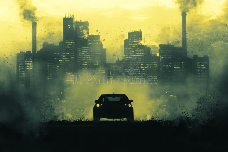 Paisaje urbano misterioso con silueta de coche y fondo de humo ilustración del vector
