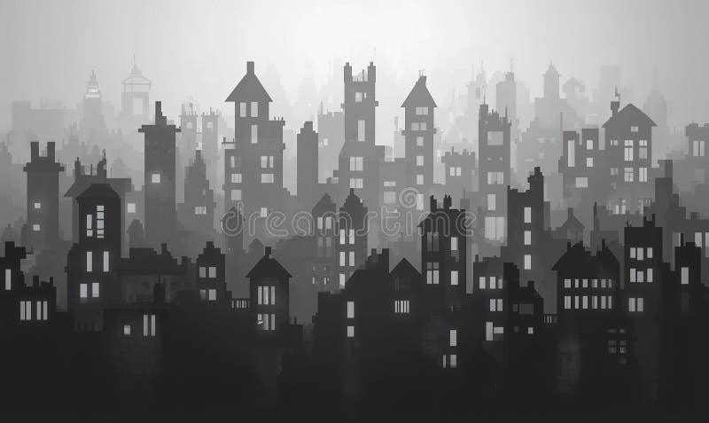 Paisaje urbano nebuloso en edificios iluminados por la noche misteriosa escena urbana libre illustration
