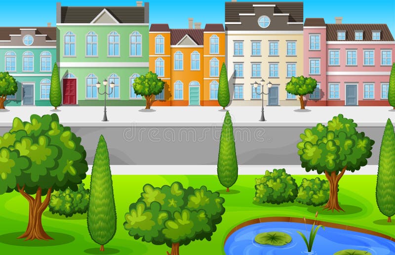 Ejemplo del paisaje urbano verde con los edificios y los árboles
