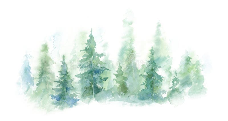 Paisaje verde del bosque de niebla, colina del invierno Naturaleza salvaje, congelado, brumosa, taiga Fondo de la acuarela libre illustration