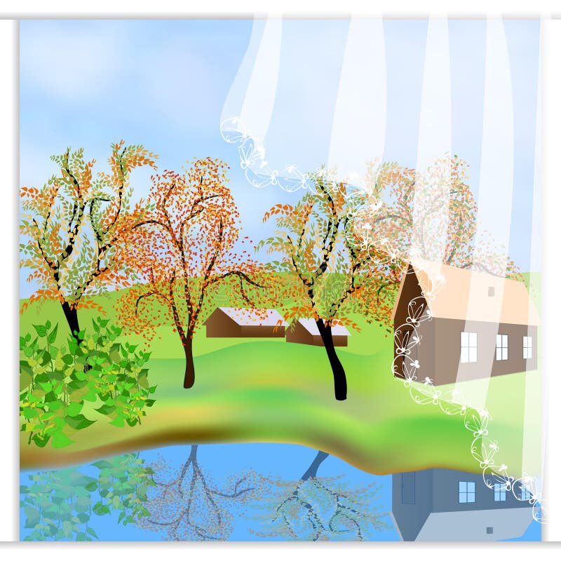 Paisaje verde del otoño La historieta dibujada a pulso al aire libre diseña Casas de la granja, escena del campo Opinión del lago ilustración del vector Paisaje verde del otoño La historieta dibujada a pulso al aire libre diseña Casas de la granja, escena del campo Opinión del lago ilustración del vector