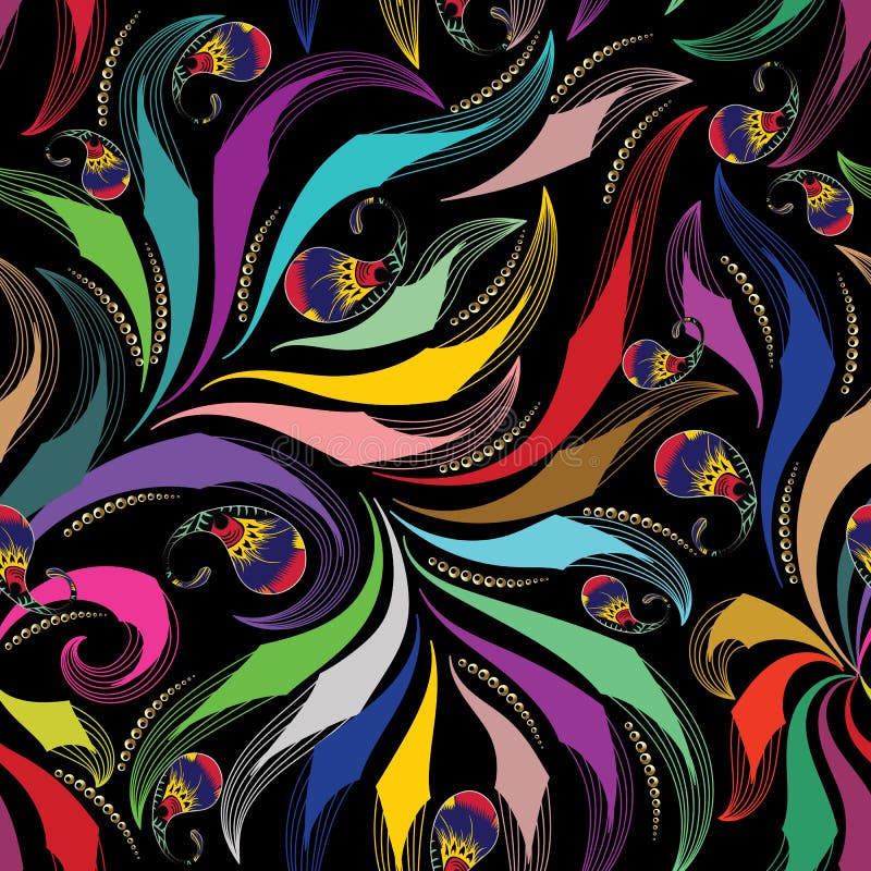 Paisley colorful seamless pattern. Vector floral bright background with ornamental paisley flowers, curve swirl leaves, ethnic or vector illustration