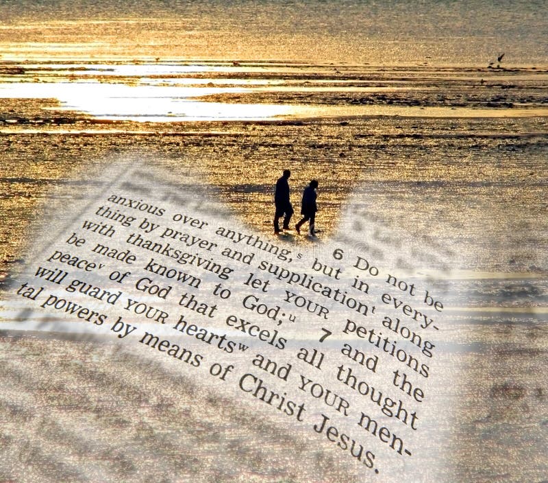 Composition photo of a couple walking on the beach at low tide with the setting sun reflecting on the water and a superimposed bible verse taken from phillipians 4:6,7 denoting how to attain peace of mind and heart. Composition photo of a couple walking on the beach at low tide with the setting sun reflecting on the water and a superimposed bible verse taken from phillipians 4:6,7 denoting how to attain peace of mind and heart.