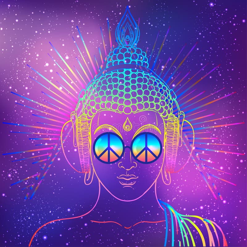 Peace and Love. Colorful Buddha in rainbow glasses listening to the music in headphones. Vector illustration. Hippie peace sign on sunglasses. Psychedelic concept. Buddhism, trance music. Esoteric art. Peace and Love. Colorful Buddha in rainbow glasses listening to the music in headphones. Vector illustration. Hippie peace sign on sunglasses. Psychedelic concept. Buddhism, trance music. Esoteric art