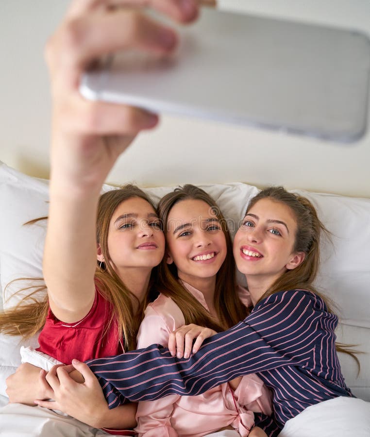 Pajama Party Best Friend Girls Selfie at Bed Stock Photo - Image of ...