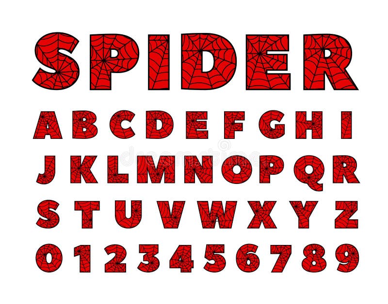 Spider font. Spiderman alphabet. Black letters on Red. Spider font. Spiderman alphabet. Black letters on Red.