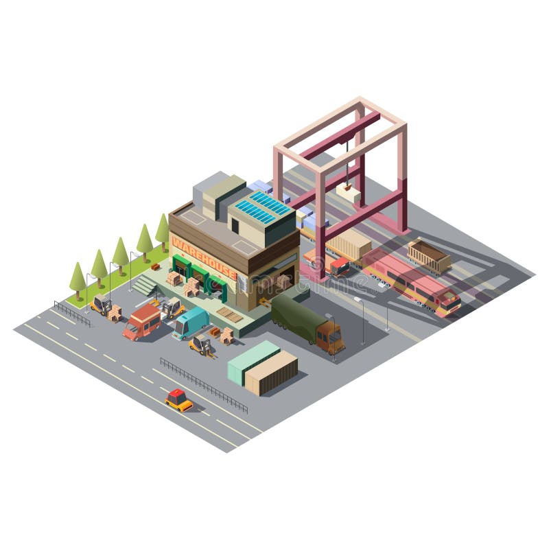 Pakhuis met 3d isometrische vector van ladingsauto's stock illustratie Pakhuis met 3d isometrische vector van ladingsauto's stock illustratie