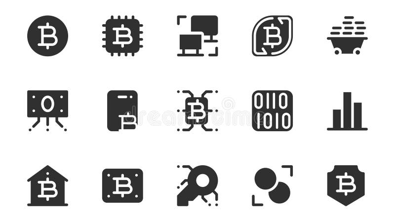 Pakiet ikon glifów kryptowaluty dla projektu sieci Web. Pełny zestaw ikon z funkcją kryptografii monet wirtualna waluta finansowa ilustracja wektor