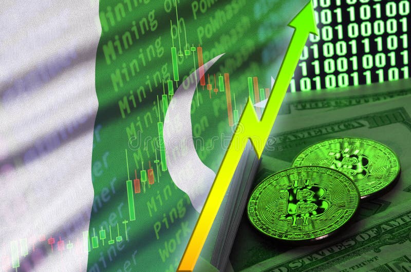 Pakistan flag and cryptocurrency growing trend with two bitcoins on dollar bills and binary code display royalty free stock photography Pakistan flag and cryptocurrency growing trend with two bitcoins on dollar bills and binary code display royalty free stock photography