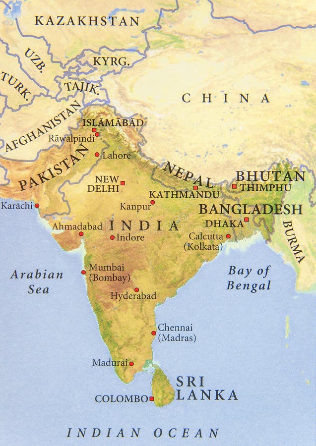 Pakistansk geografisk översikt, Indien, Nepal, Bangladesh och Bhutan med viktiga städer royaltyfri fotografi Pakistansk geografisk översikt, Indien, Nepal, Bangladesh och Bhutan med viktiga städer royaltyfri fotografi