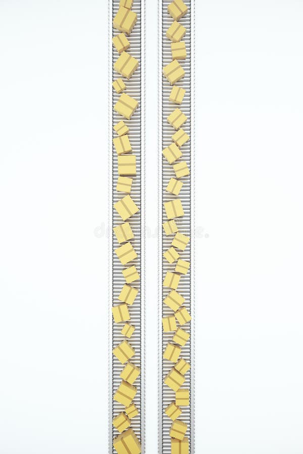 Pakkettenlevering, de verpakkend dienst en het systeemconcept van het pakkettenvervoer, kartondozen op 3d transportband, stock illustratie Pakkettenlevering, de verpakkend dienst en het systeemconcept van het pakkettenvervoer, kartondozen op 3d transportband, stock illustratie