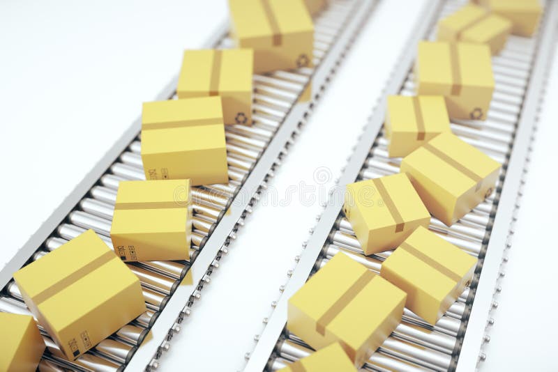 Pakkettenlevering, de verpakkend dienst en het systeemconcept van het pakkettenvervoer, kartondozen op 3d transportband, stock illustratie Pakkettenlevering, de verpakkend dienst en het systeemconcept van het pakkettenvervoer, kartondozen op 3d transportband, stock illustratie