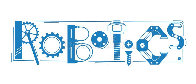 Palabra de la robótica La inscripción y las letras se estilizan bajo la forma de detalles de robots y de mecanismos ilustración del vector Palabra de la robótica La inscripción y las letras se estilizan bajo la forma de detalles de robots y de mecanismos ilustración del vector